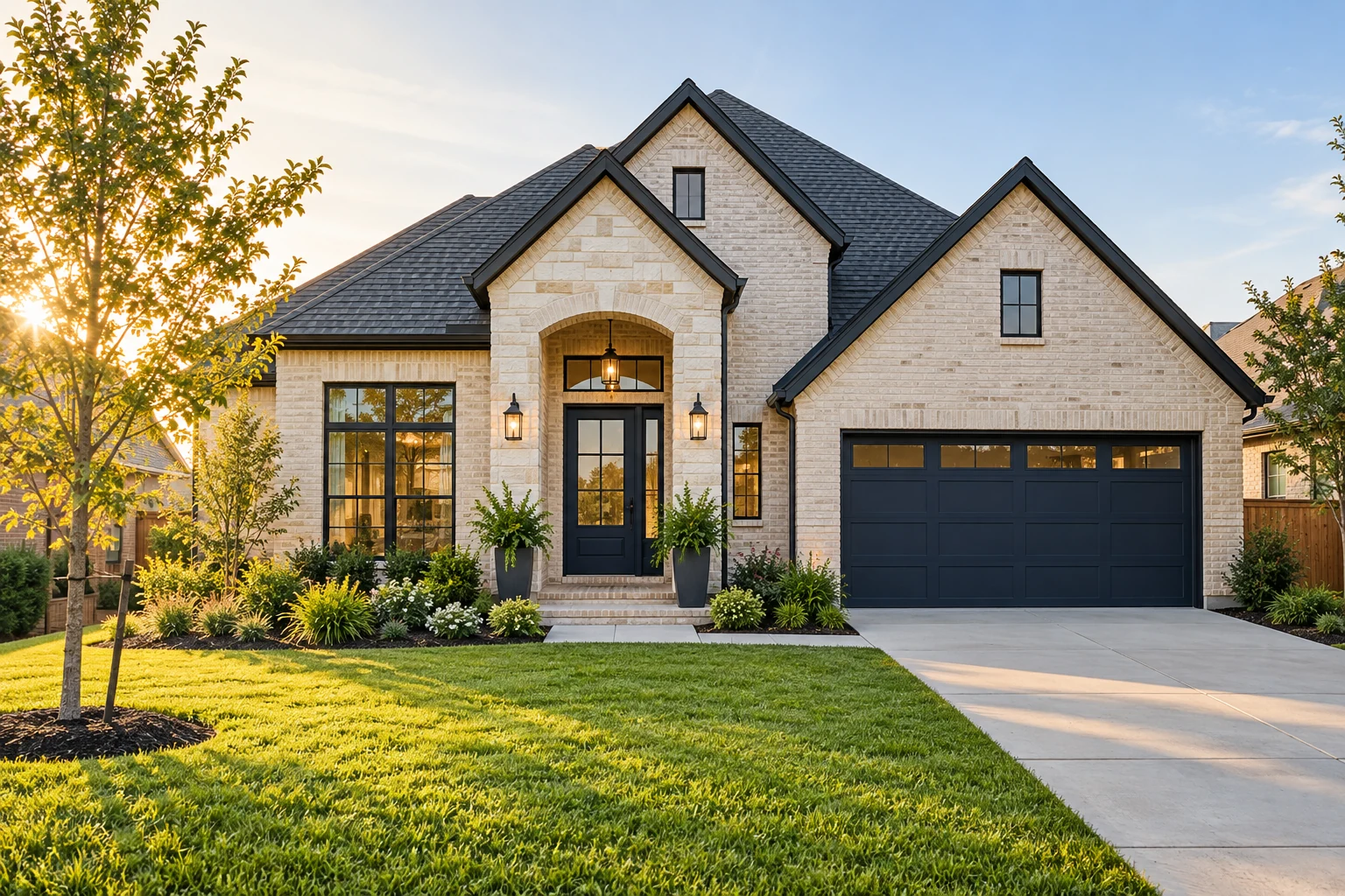A cream brick home with a dark blue front door and landscaped lawn