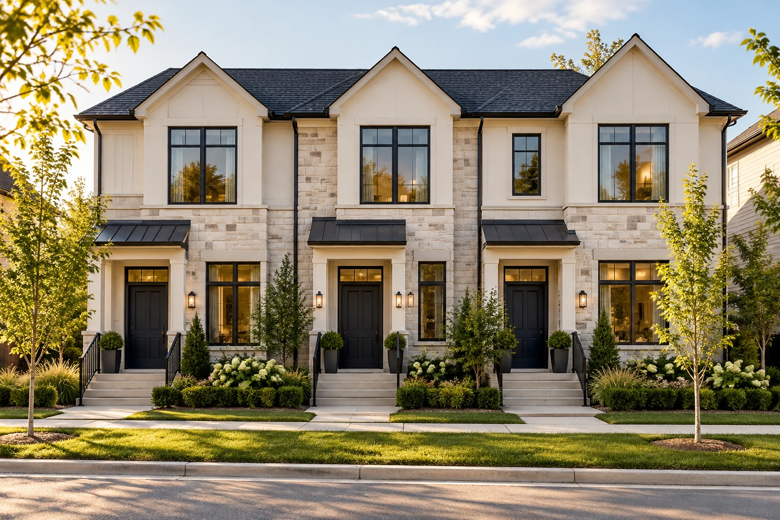 Three landscaped townhomes illustrating residential investment properties